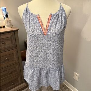 Light weight material, light blue and white with colorful V neck